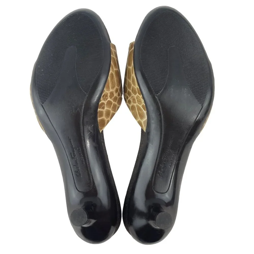 SALVATORE FERRAGAMO Crocodile Print Brown Leather Open Toe Kitten Heel Size 9 - Picture 11 of 13